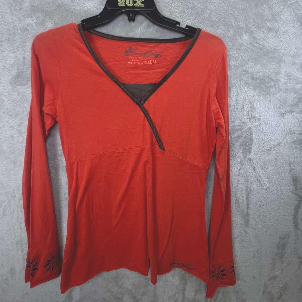 Cruel Girl M V-Neck Orange Red Embroidered Cuffs Y2K Westerncore Boho Chic Indie